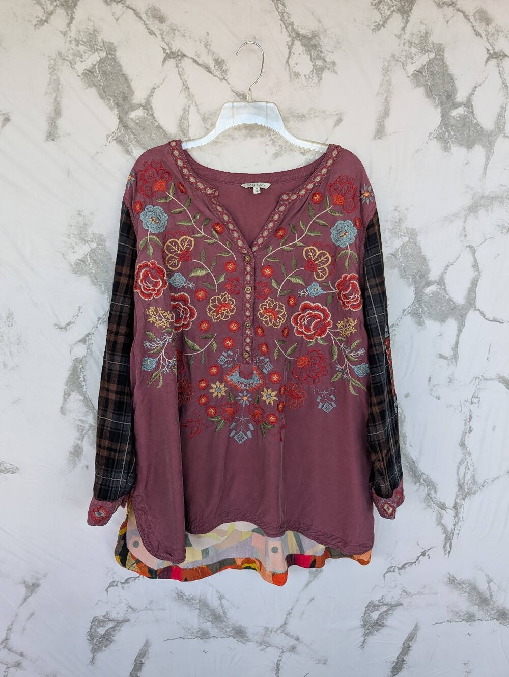 John Mark Maroon Embroidered Floral Button Up 3/4 Roll-Tab Sleeve Tunic Top 2X